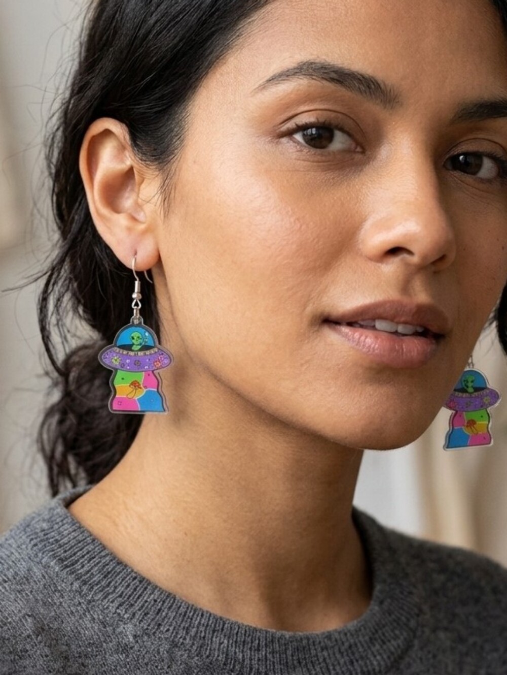 Handcrafted Humorous Alien Acrylic Earrings